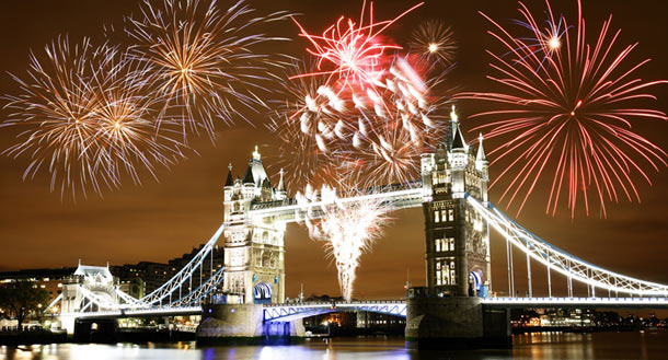 fireworks over tower bridge in london